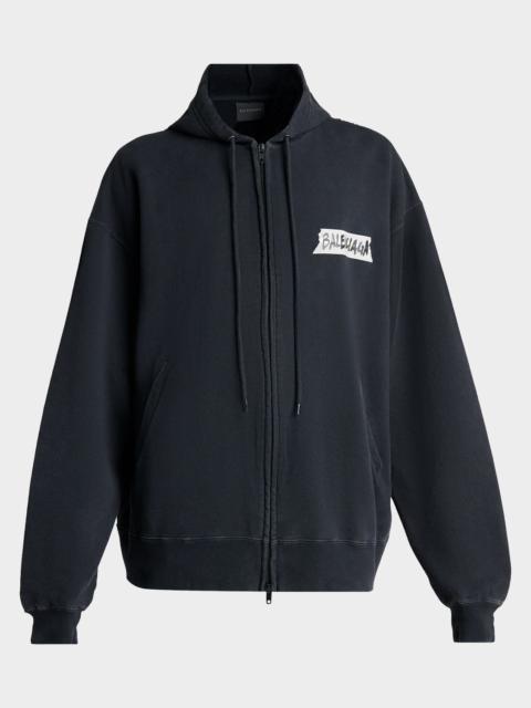 BALENCIAGA Men's Masking Tape Oversized-Fit Faded Fleece Full-Zip Hoodie