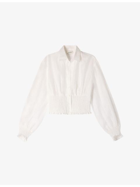 Sandro Long-Sleeved Smocked Linen-Blend Shirt