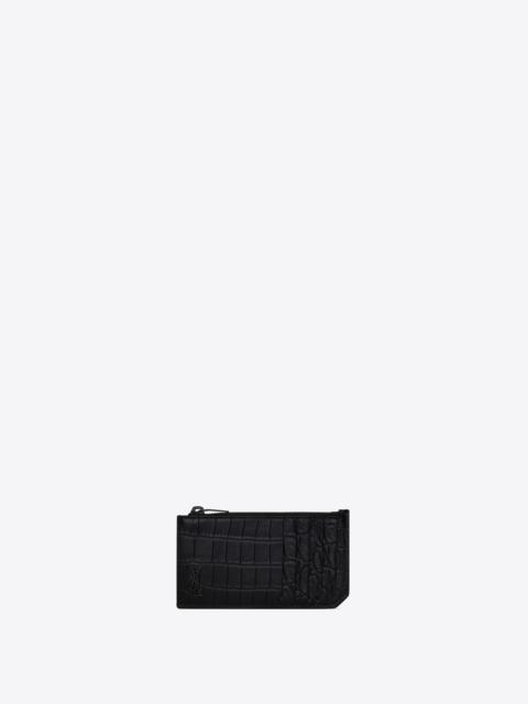 tiny cassandre fragments zip card case in crocodile-embossed leather
