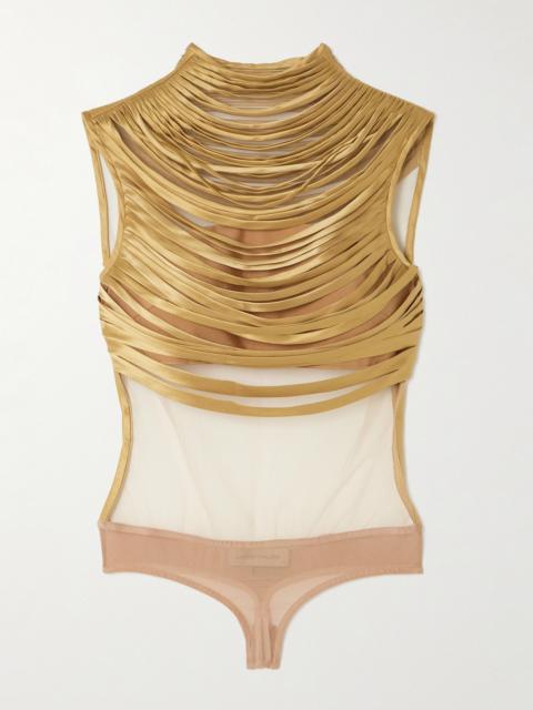 ANDRES OTALORA Pulsos Fringed Silk-charmeuse And Mesh Bodysuit