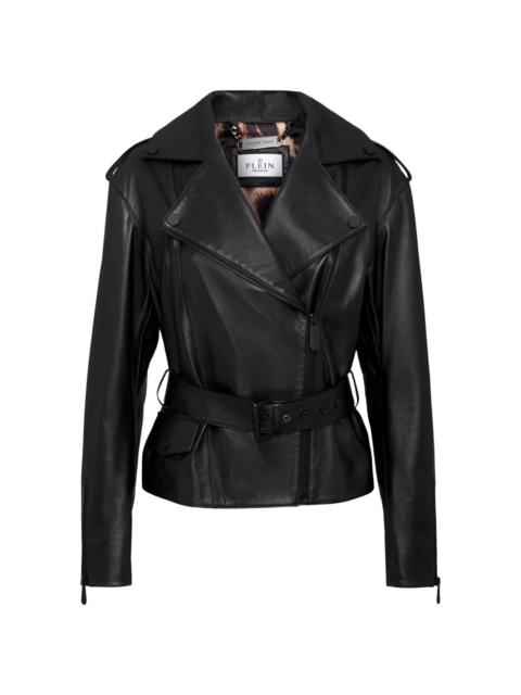 oversize-logo belted leather-jacket