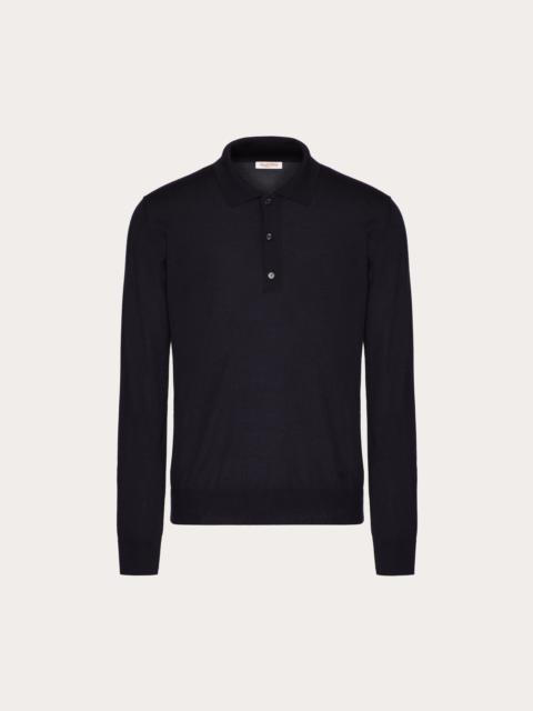 Valentino LONG-SLEEVE CASHMERE AND SILK POLO SHIRT WITH VLOGO SIGNATURE EMBROIDERY