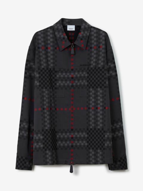 Burberry Pixel Check Wool Cotton Blend Zip-front Shirt