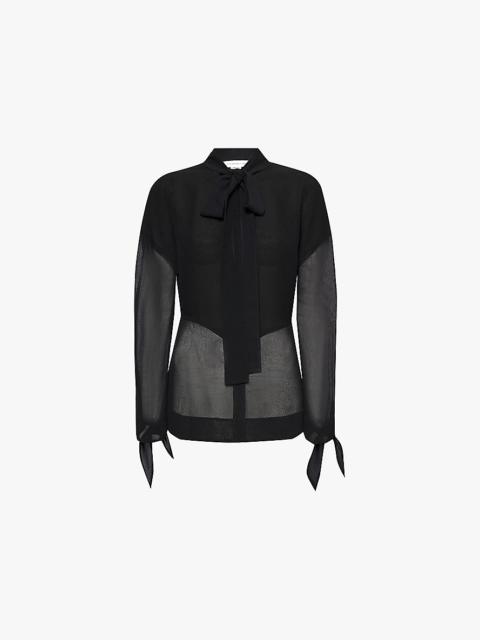 Sheer-panels self-tie-fastening-cuffs woven blouse