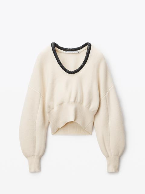 Alexander Wang RUCHED LEATHER TRIM PULLOVER IN WOOL