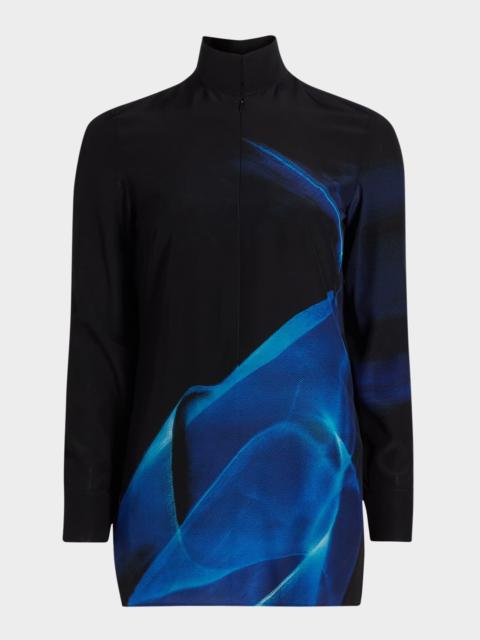 AKRIS Alyson's Cyanotype Printed Mock-Neck Tunic Blouse