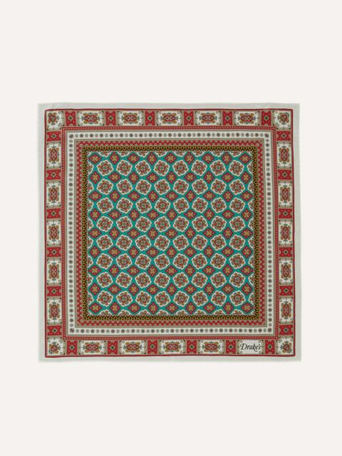 Drake's Ecru, Red and Gold Floral Medallion Print Silk Pocket Square