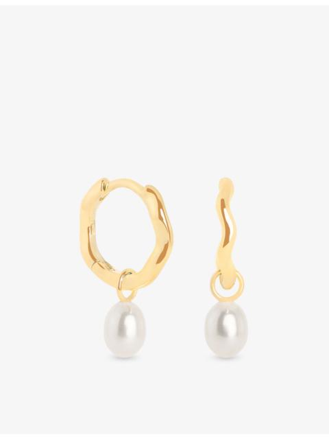 ASTRID & MIYU Wave 14ct Gold and Cultured Pearl Charm Huggie Drop Earrings