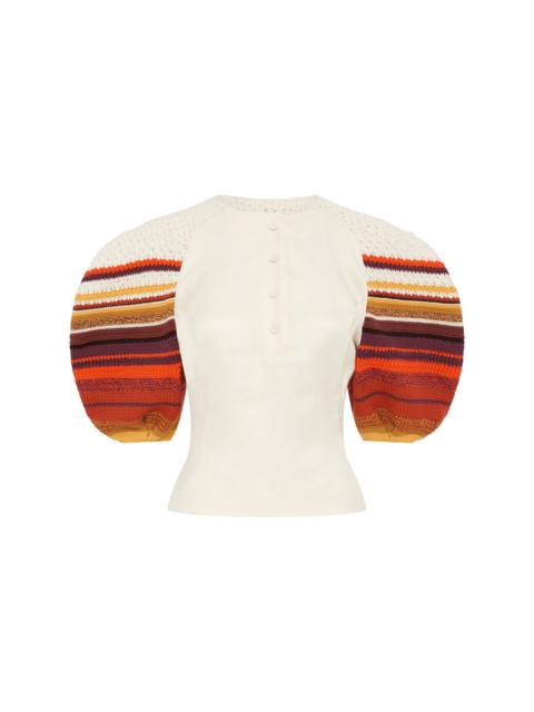 GABRIELA HEARST Elira Crochet Puff Sleeve Top in Ivory Textured Linen Slub