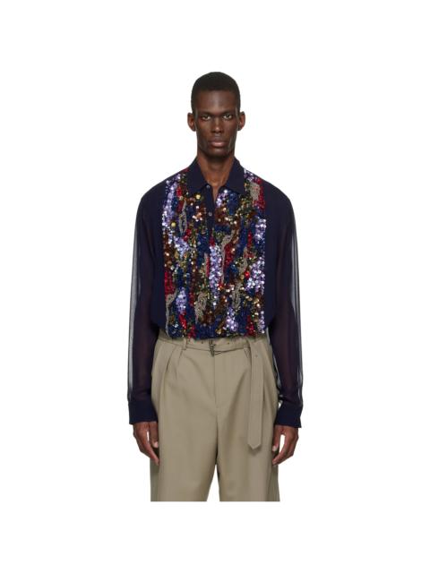 Dries Van Noten Navy Sequinned Shirt