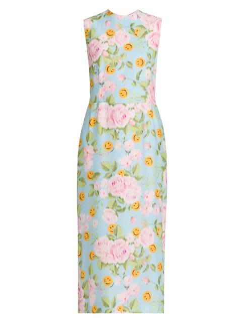 Moschino Women's Smiley And Flower Print Silk Midi-Dress - Multi Light Blue