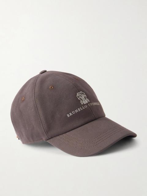 Brunello Cucinelli Logo-Embroidered Leather-Trimmed Cotton-Twill Baseball Cap