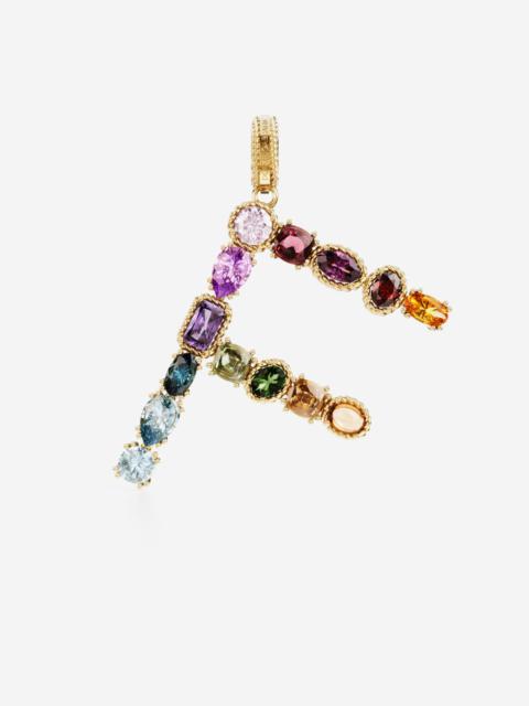 Rainbow alphabet F 18 kt yellow gold charm with multicolor fine gems