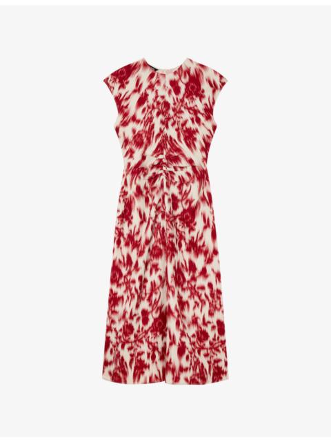 WHISTLES Blurred Floral-Print Ruched Stretch-Crepe Midi Dress