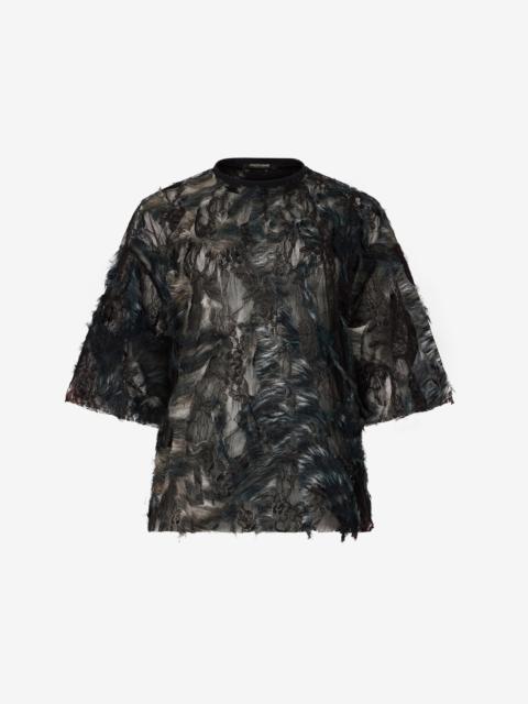 Roberto Cavalli T-Shirt with Fur Print on Destroyed-Effect Lace