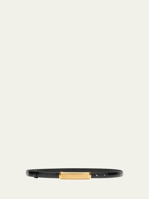 Croc-Embossed Leather Skinny Belt