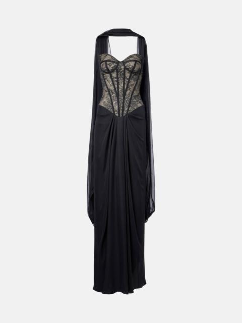 Monique Lhuillier Scarf-detail draped lace gown