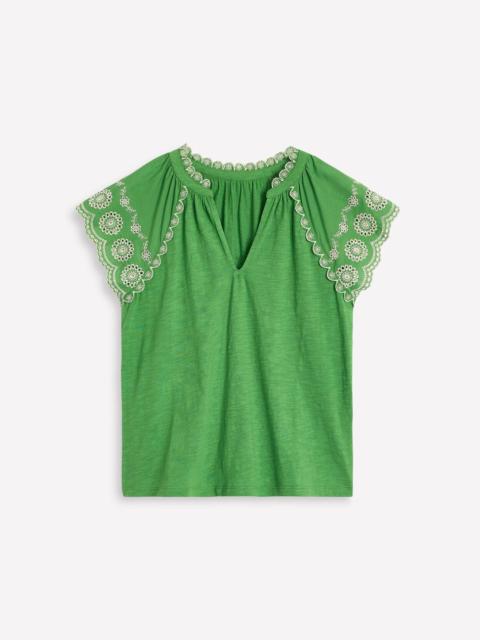 BODEN Ila Broderie Sleeve Notch Top-Paradise Green