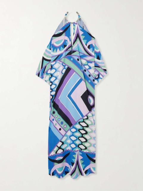 PUCCI Cold-shoulder embellished printed satin maxi dress