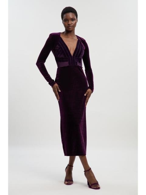 KAREN MILLEN Stretch Velvet Taping Detail Mesh Plunge Neck Cut Out Back Midi Dress
