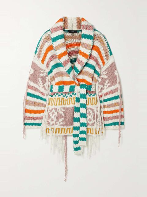 Alanui Ocho Rios belted distressed jacquard-knit cotton-blend cardigan