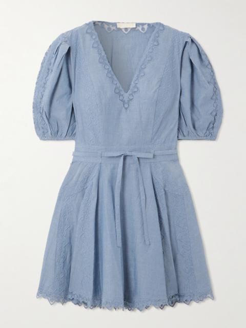 ULLA JOHNSON Camilla Belted Embroidered Tulle-trimmed Cotton-chambray Mini Dress