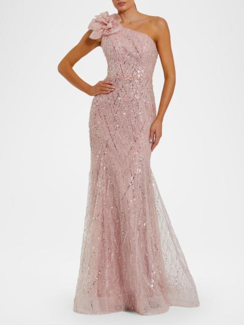 MAC DUGGAL Beaded One-Shoulder Trumpet Gown