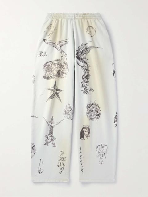 BALENCIAGA Wide-Leg Printed Distressed Cotton-Jersey Sweatpants