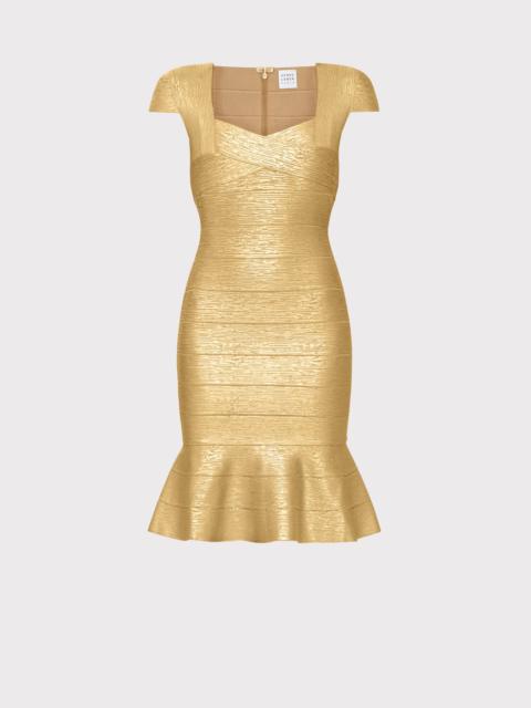 HERVE LEGER FOIL CAP SLV FLARE SKIRT