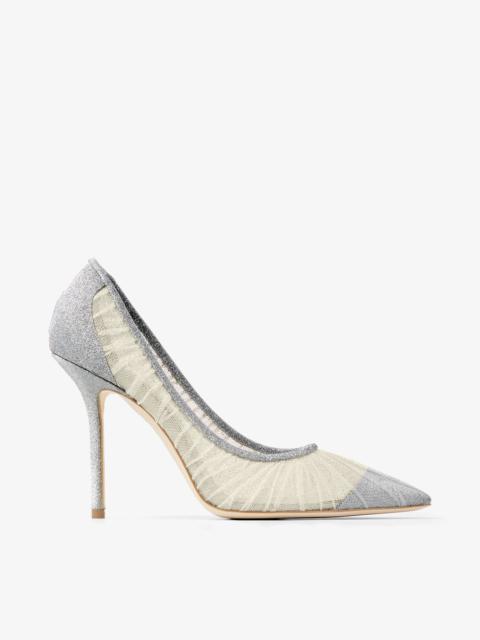 Love 100
Metallic Silver Glitter Fabric Pumps with Ivory Tulle Overlay