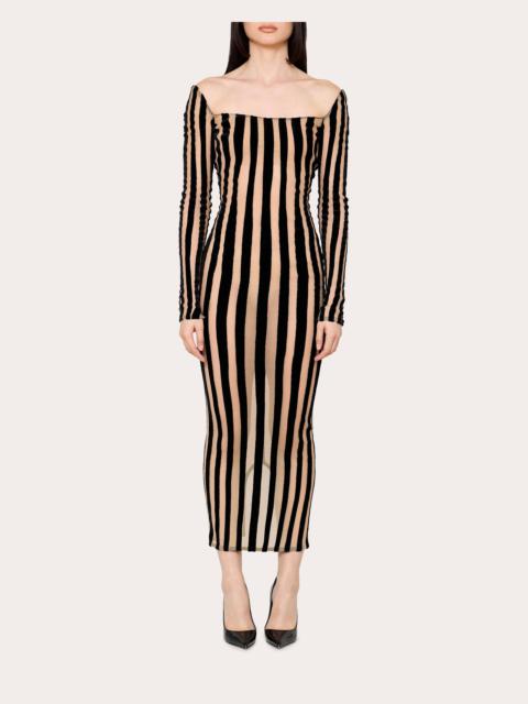 LaQuan Smith Striped Mesh-Panel Midi Dress