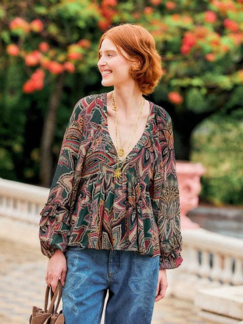 FARM RIO Tapestry Flowers Ruffled Blouse