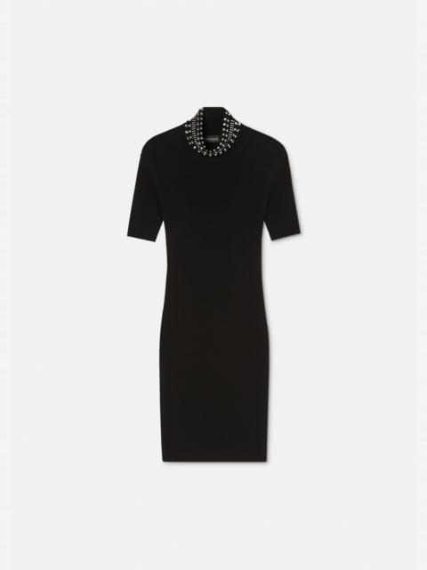 VERSACE Spiked Turtleneck Knit Midi Dress