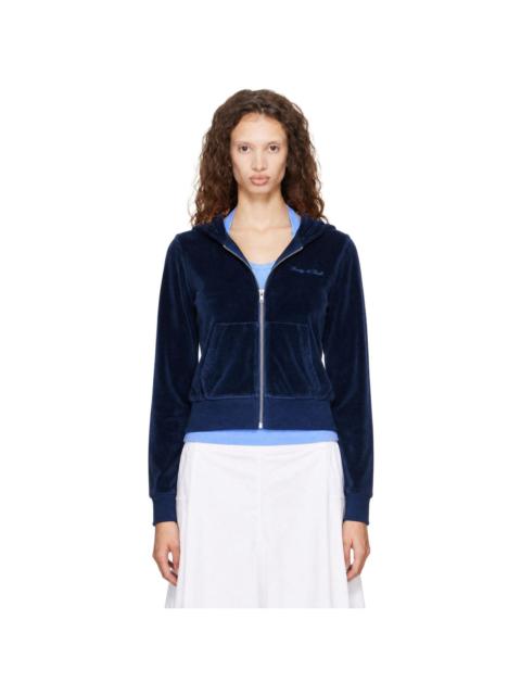 Sporty & Rich Navy Signature Logo Krystal Zip Hoodie