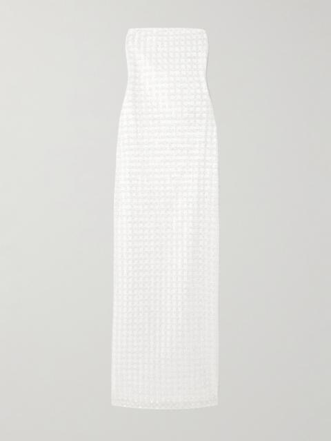 ROTATE Strapless Embellished Recycled Satin Midi Dress