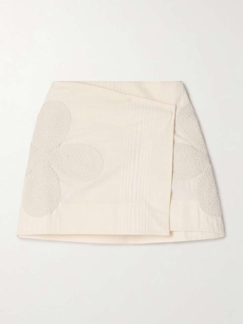 Brouhaha raffia-trimmed embroidered cotton mini wrap skirt