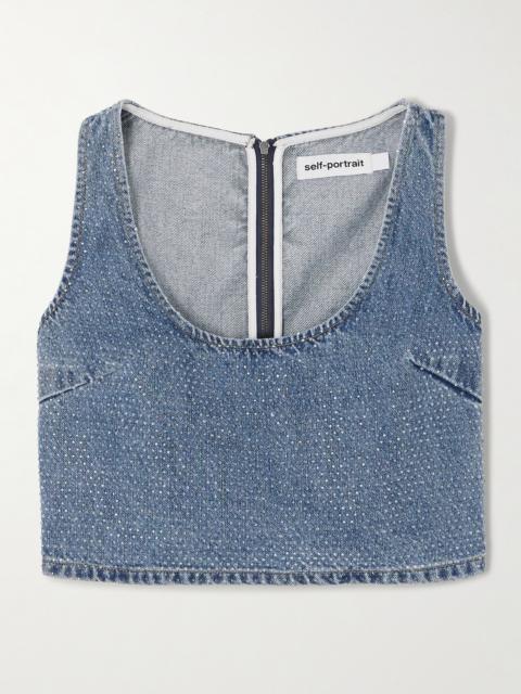 self-portrait Cropped Crystal-embellished Denim Top