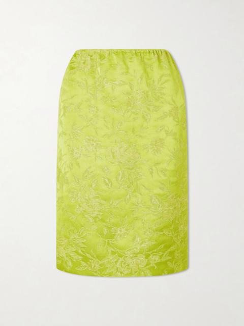 SAINT LAURENT Floral-brocade midi skirt Green