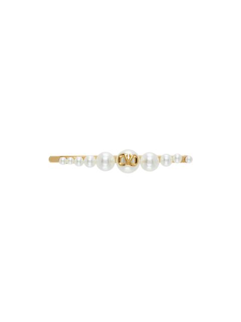 Gold & White VLogo Signature Metal Pearl Hair Clip
