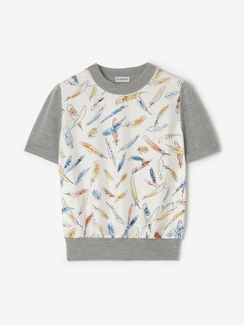 Burberry Feather Print Panel Wool Silk T-shirt