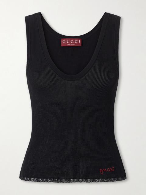 GUCCI Embroidered Lace-trimmed Ribbed-knit Cotton Tank Top