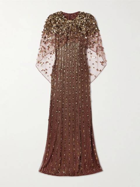 JENNY PACKHAM Nettie cape-effect embellished sequined tulle gown Bronze