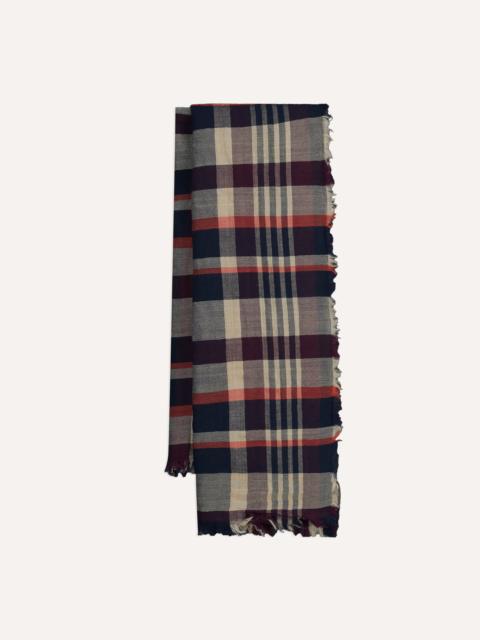 Drake's Navy, Red and Ecru Tartan Check Worsted Wool Scarf