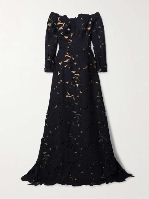 COSTARELLOS Kasia off-the-shoulder corded lace gown Black
