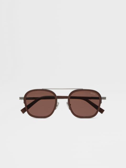 ZEGNA DARK BROWN ORIZZONTE I METAL ACETATE AND LEATHER SUNGLASSES