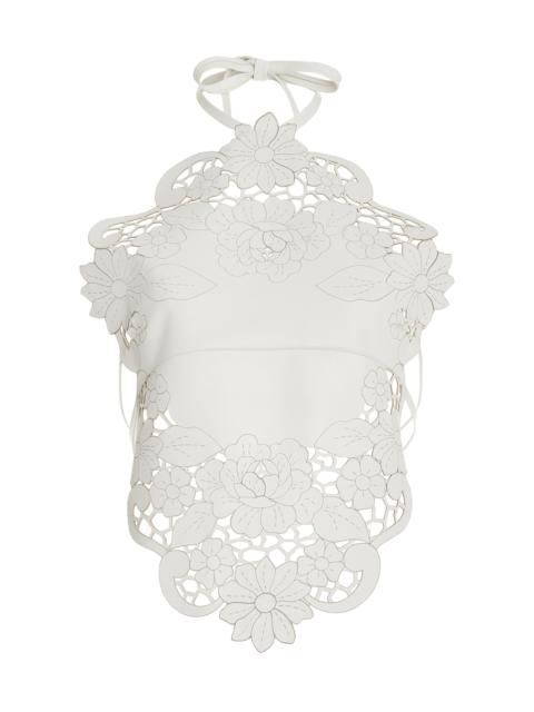 Laser-Cut Leather Halter Top white