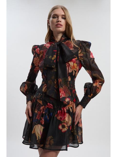 KAREN MILLEN Floral Print Organdie High Neck Woven Mini Dress