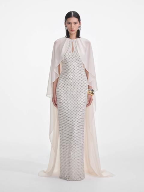 self-portrait Cream Rhinestone Cape Maxi Dress