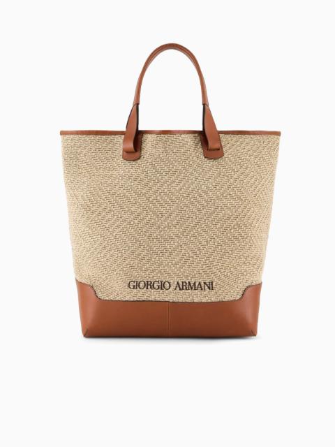 GIORGIO ARMANI Woven linen and leather shopper bag