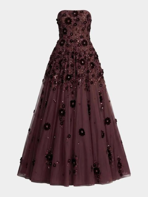 MAC DUGGAL Strapless Floral Beaded Mesh Gown